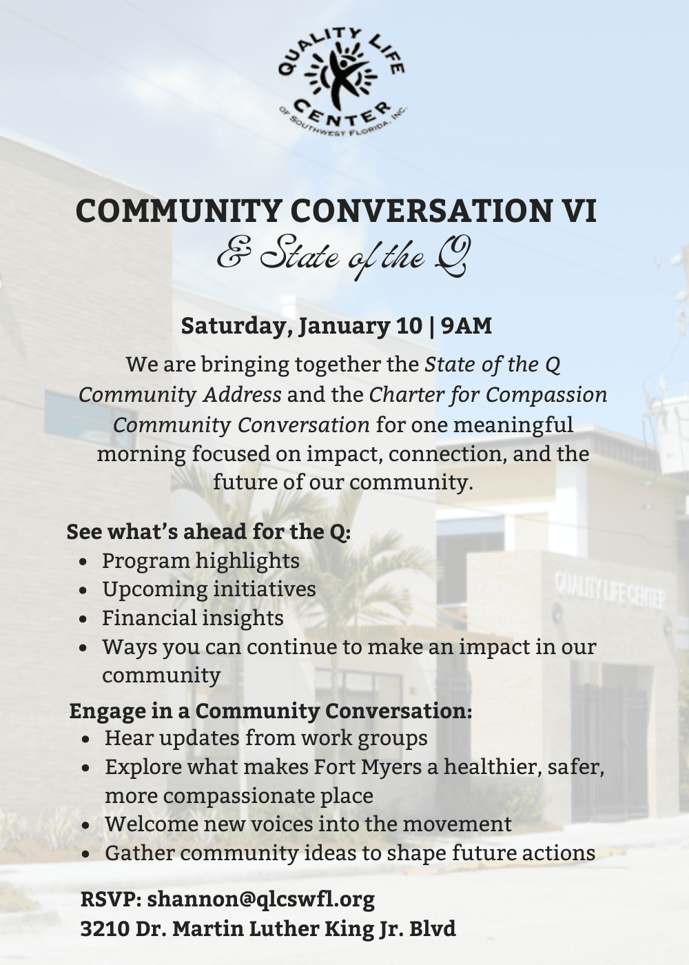 Flyer for Community Conversation VI and the State of the Q, Saturday, January 10, at the Quality Life Center