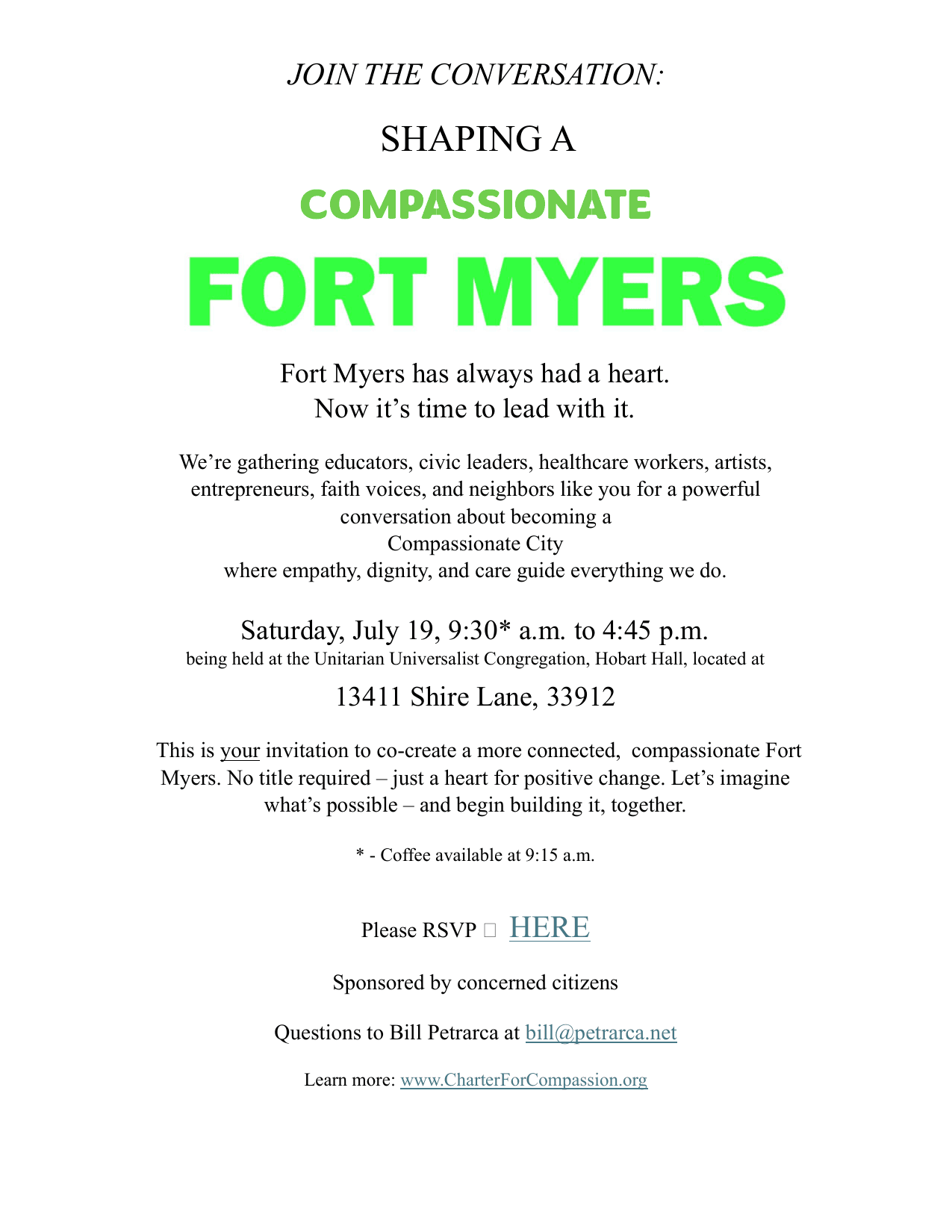 Flyer for Shaping a Compassionate Fort Myers, Saturday, July 19, at Hobart Hall, Unitarian Universalist Congregation of Fort Myers