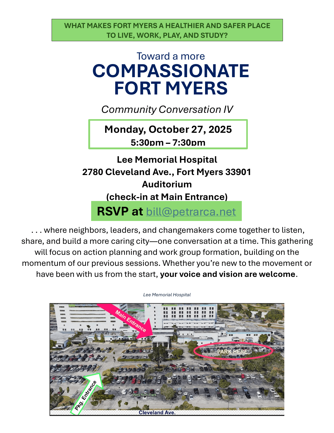 Flyer for Community Conversation IV, Monday, October 27, 2025, at the Lee Memorial Hospital auditorium