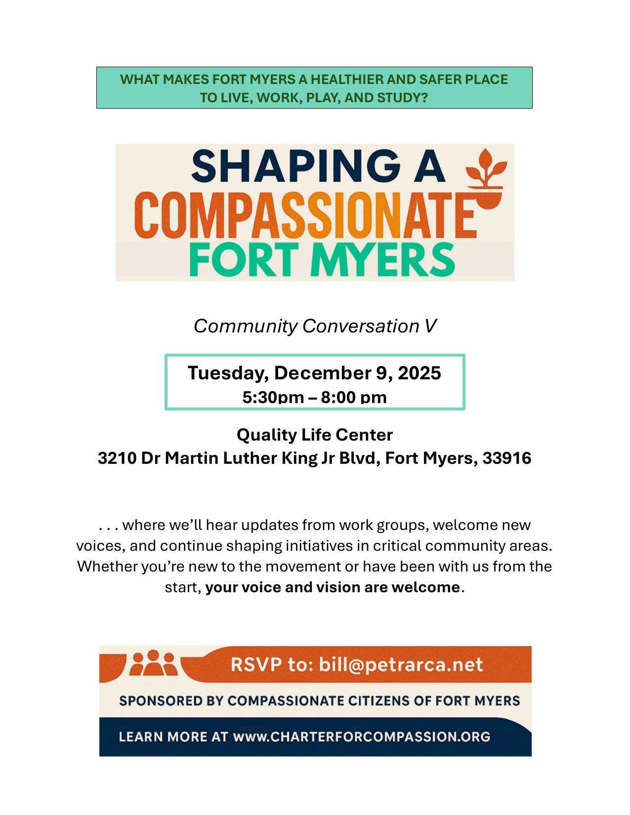 Flyer for Community Conversation V, Tuesday, December 9, 2025, at the Quality Life Center