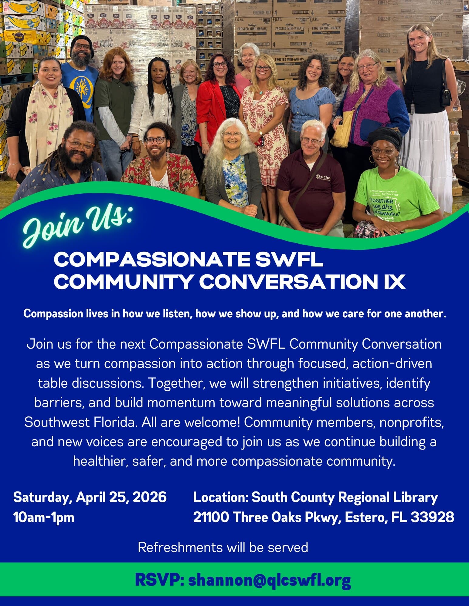 Flyer for Compassionate SWFL Community Conversation IX, Saturday, April 25, 2026, at South County Regional Library in Estero