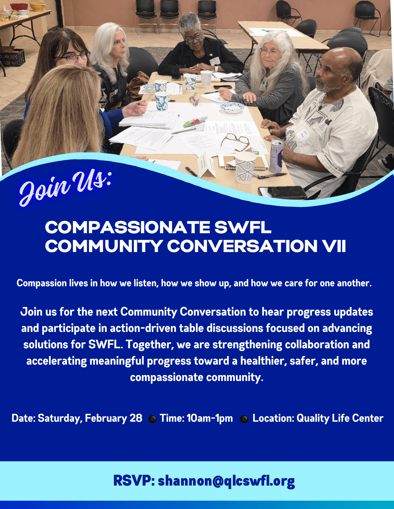 Flyer for Compassionate SWFL Community Conversation VII, Saturday, February 28, at the Quality Life Center