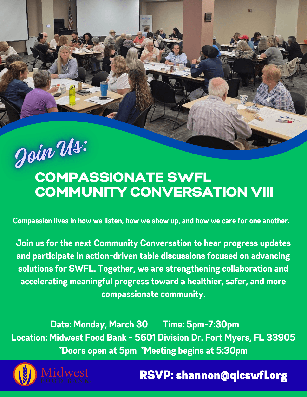 Flyer for Compassionate SWFL Community Conversation VIII, Monday, March 30, at Midwest Food Bank