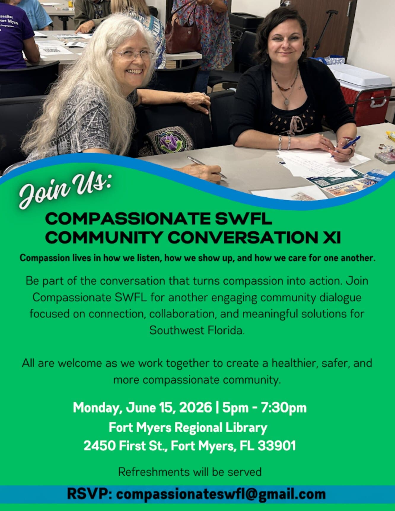 Flyer for Compassionate SWFL Community Conversation XI, Monday, June 15, 2026, at the Fort Myers Regional Library