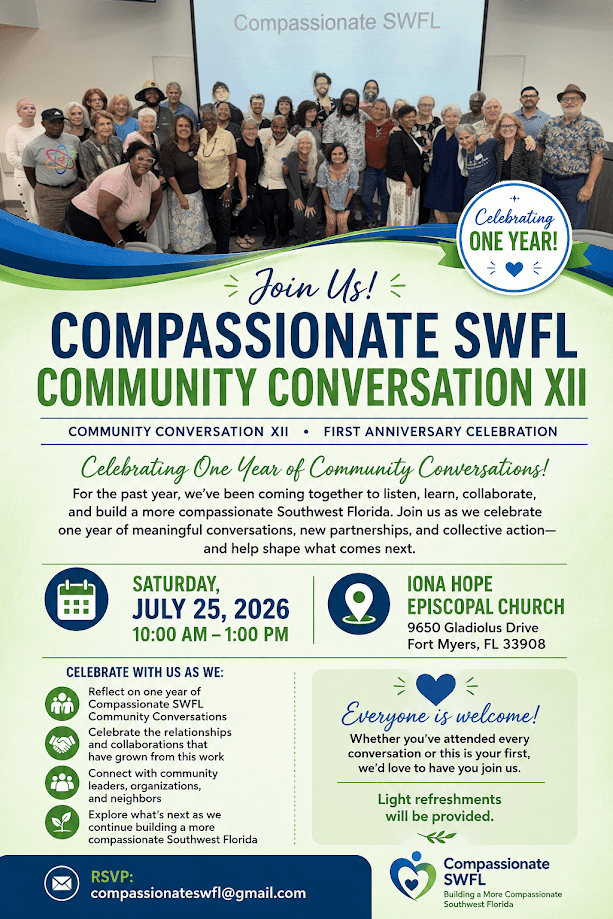 Compassionate SWFL Community Conversation XII First Anniversary Celebration event flyer