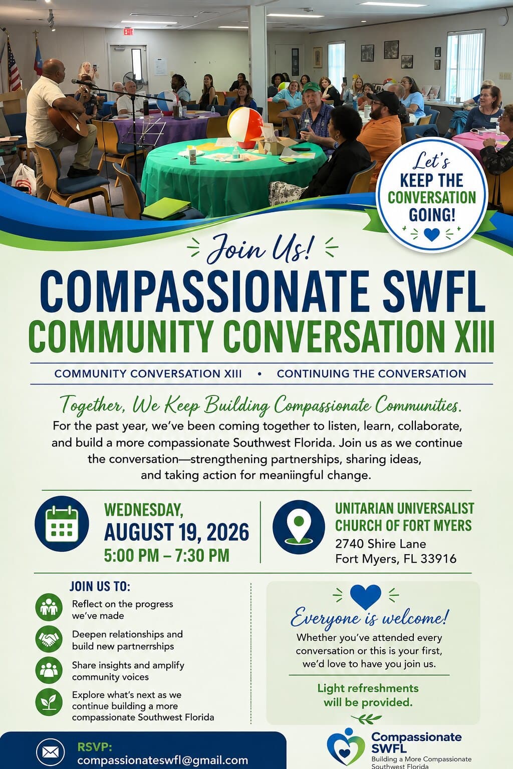 Flyer for Compassionate SWFL Community Conversation XIII, Wednesday, August 19, 2026, at the Unitarian Universalist Church of Fort Myers