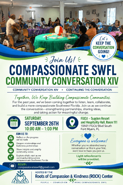 Flyer for Compassionate SWFL Community Conversation XIV, Saturday, September 26, at FGCU