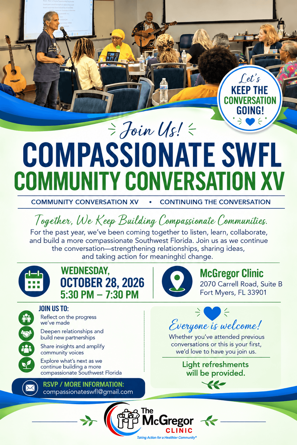 Compassionate SWFL Community Conversation XV flyer: Wednesday, October 28, 2026, 5:30 to 7:30 PM, McGregor Clinic, 2070 Carrell Road, Suite B, Fort Myers