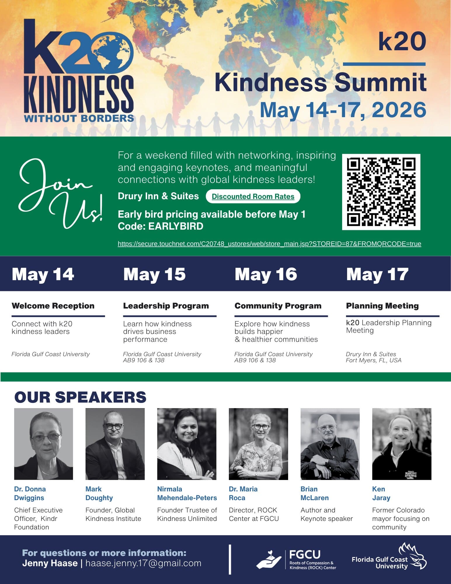 Flyer for the k20 Kindness Summit at FGCU, May 14–17, 2026