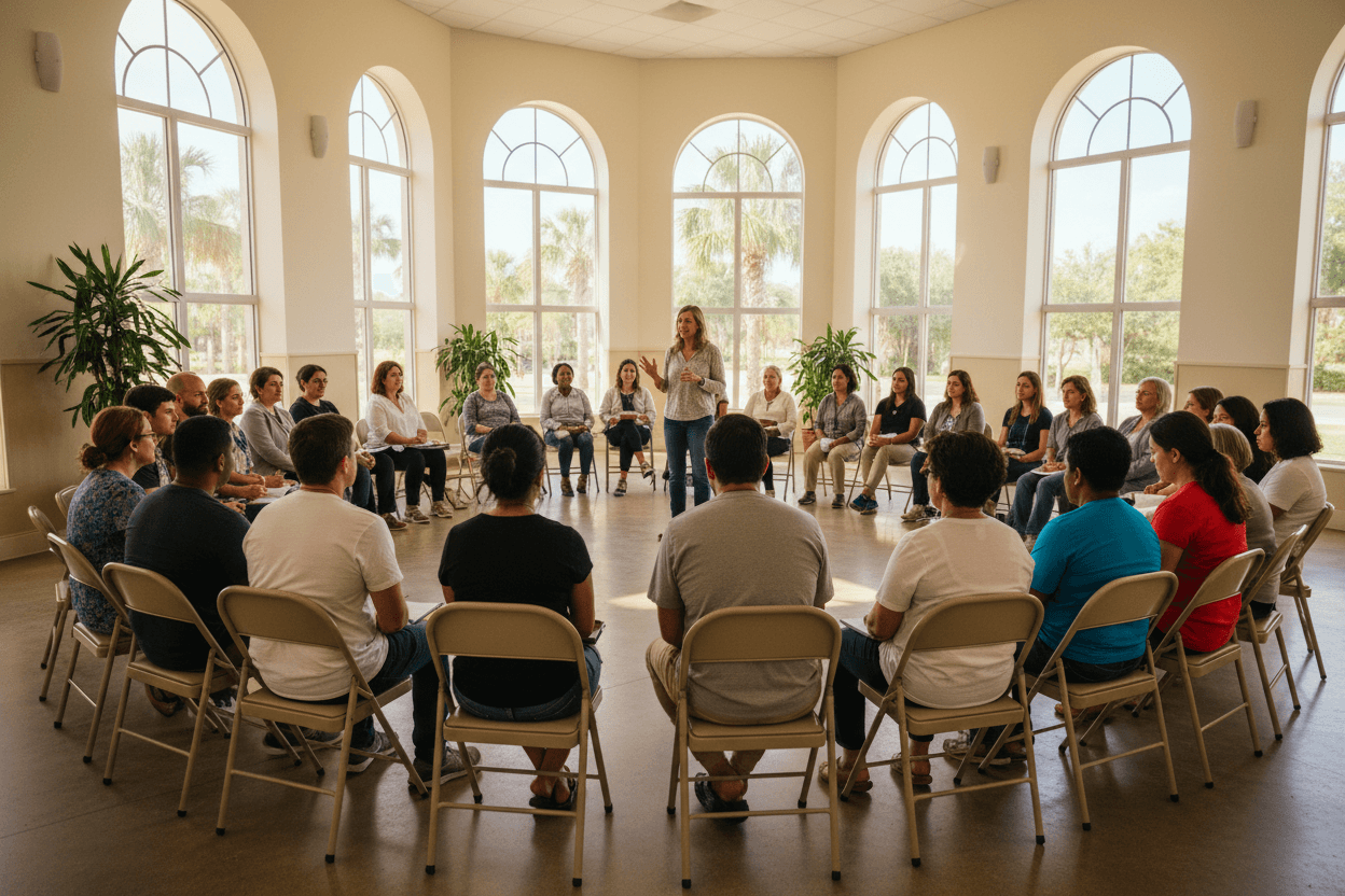 Residents seated in a circle at a Compassionate SWFL community conversation