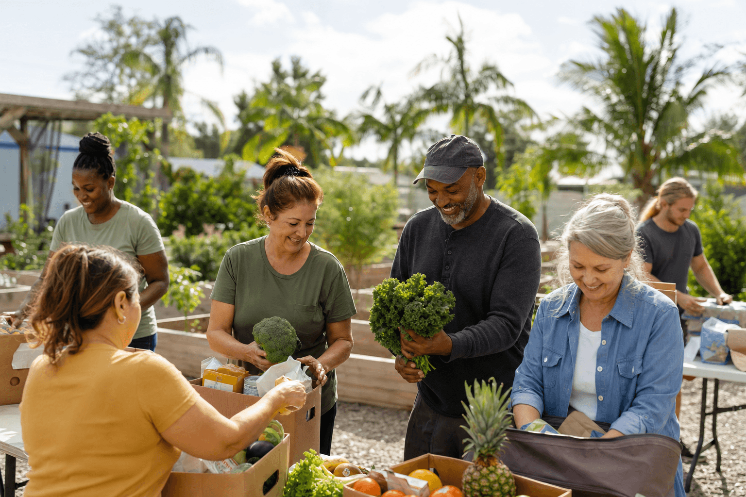 Volunteers sorting fresh produce at a community food drive placeholder