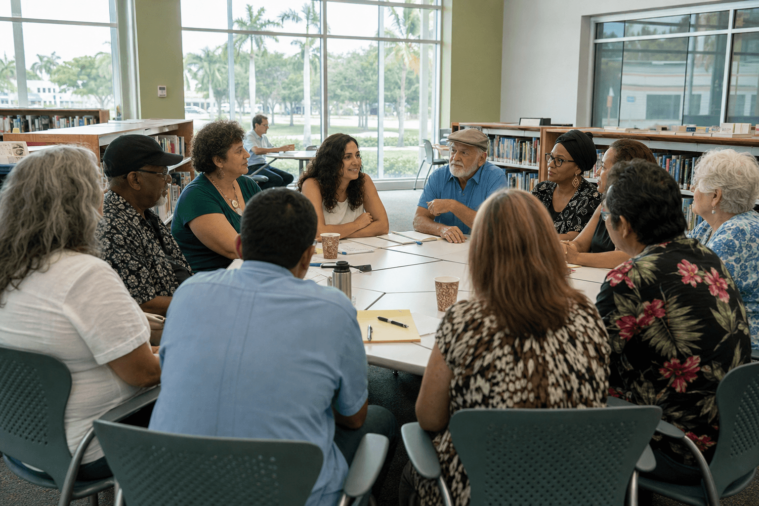 Intergenerational community discussion circle in a library placeholder