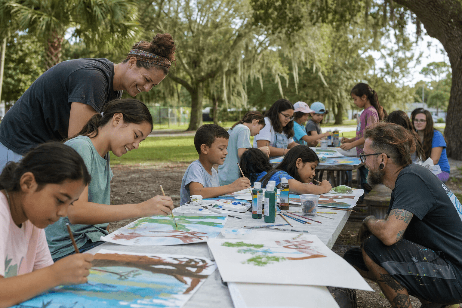 Kids and mentors painting together at a park art project placeholder