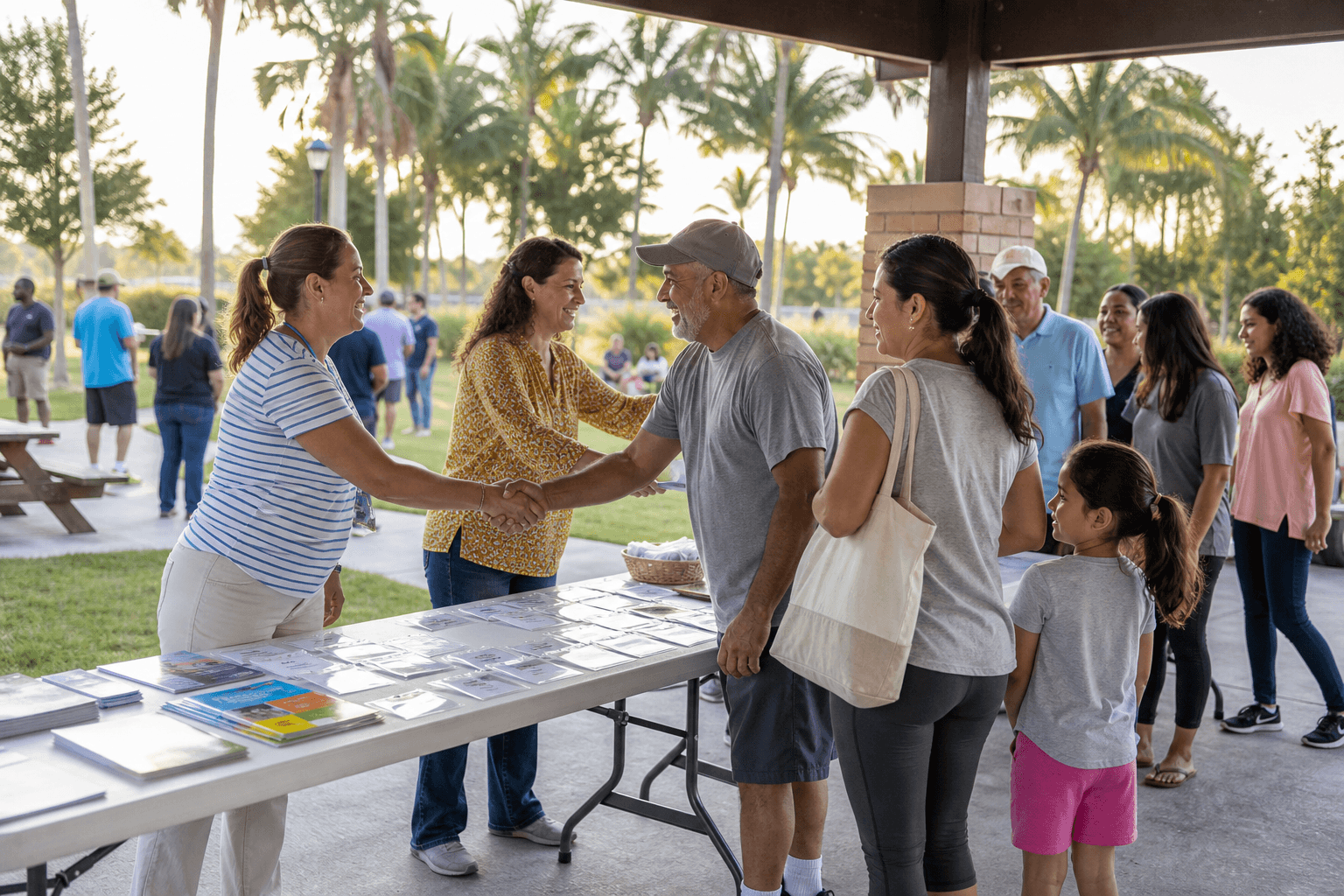 Volunteers greeting neighbors at a community event welcome table